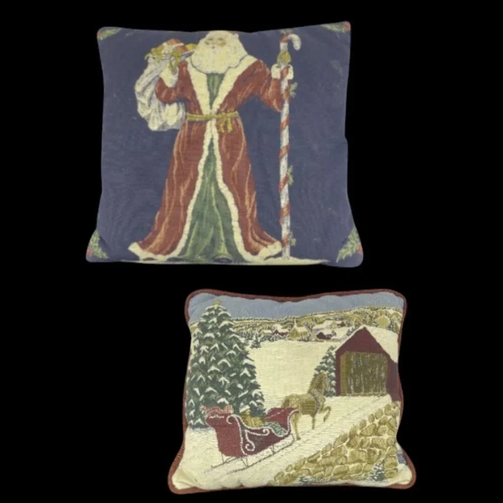 CHRISTMAS THROW PILLOWS -- Set of 2, Classic Santa/Winter Sleigh Scene, Vintage